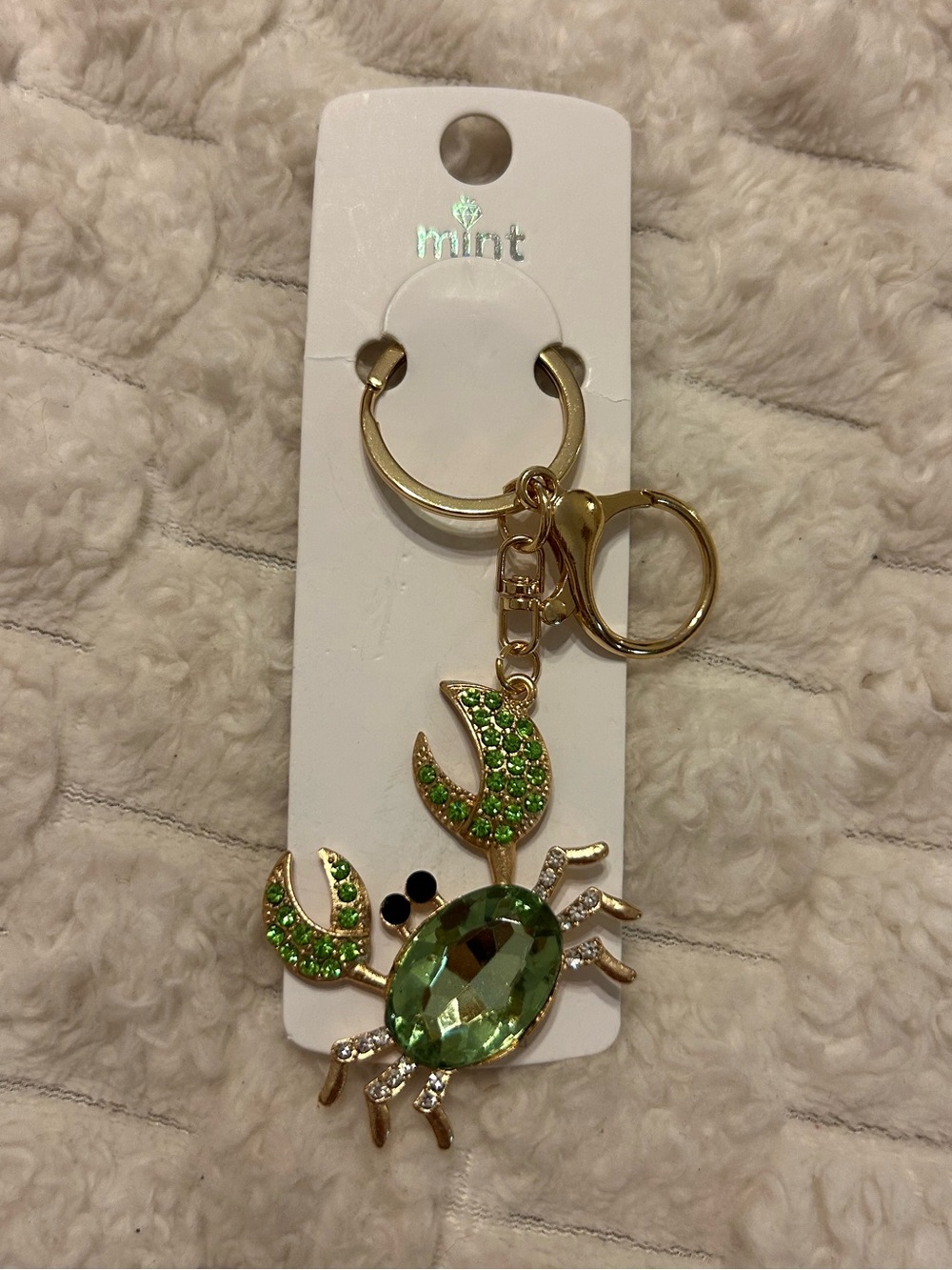 Mint Green Crystal Crab Keychain Gold Tone Rhinestone Bag Charm